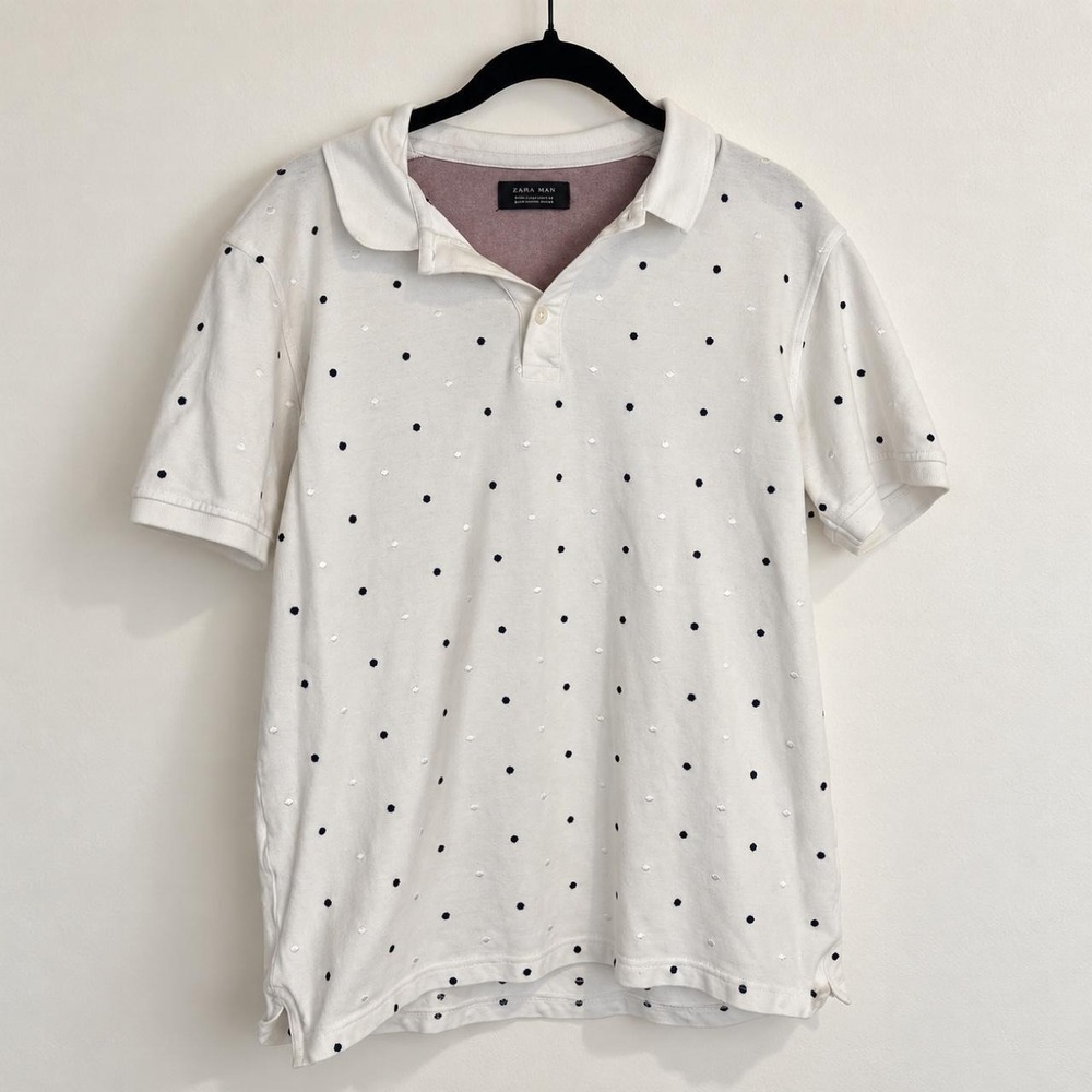 Zara Man White & Navy Polka Dot Polo Shirt